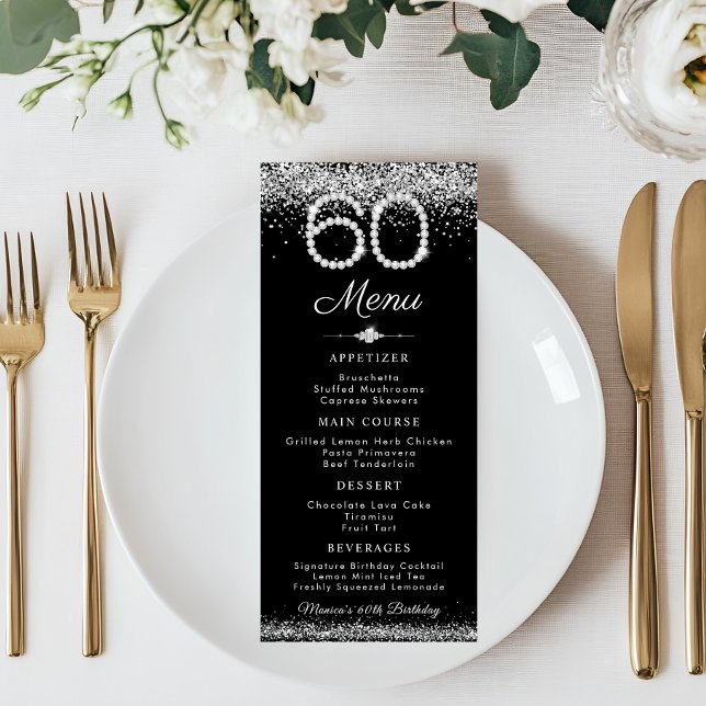 Elegant Diamonds 60th Birthday Dinner Flat Menu (Black and Silver Diamonds 60th birthday Menu card)