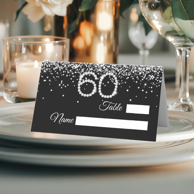 Elegant Diamonds 60th Birthday Party Place Card (Black and silver 60th Birthday party place card)
