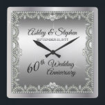 Elegant Diamonds 60th Wedding Anniversary Square Wall Clock<br><div class="desc">Opulent elegance frames this 60th wedding anniversary design in a unique scalloped diamond design with centre teardrop diamond with heart-shaped diamond accents and faux added sparkles on a silver-tone gradient. Please note that all embellishments are printed and are only made to appear as real as possible in a flat, printed...</div>