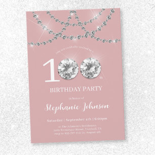 Elegant Diamonds Blush Pink 100th Birthday Invitation