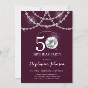 Elegant Diamonds Burgundy 50th Birthday Party Invitation
