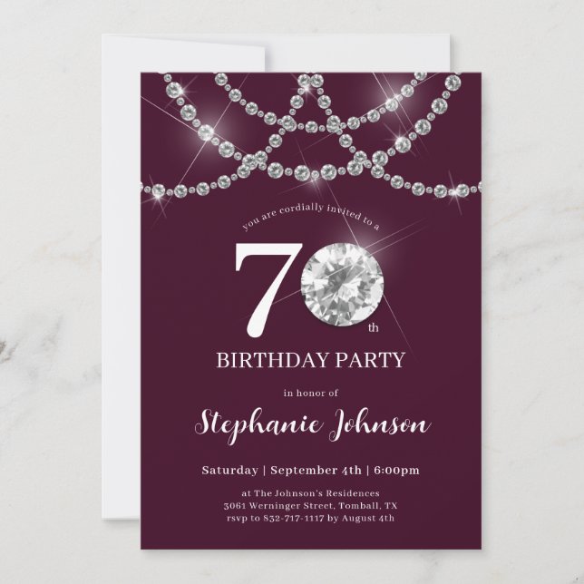 Elegant Diamonds Burgundy 70th Birthday Party Invitation (Front)