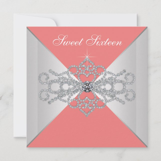 Elegant Diamonds Coral Sweet 16 Birthday Party Invitation (Front)