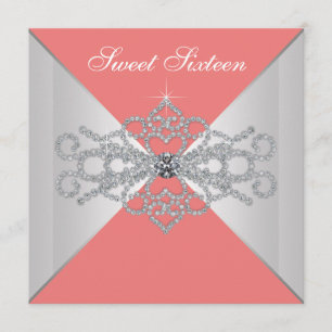 Elegant Diamonds Coral Sweet 16 Birthday Party Invitation