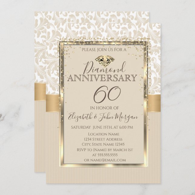 Elegant Diamonds Damask Frame Wedding Anniversary  Invitation (Front/Back)