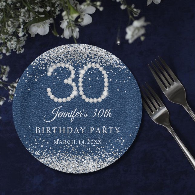 Elegant Diamonds & Denim 30th Birthday Party Paper Plate (Diamonds & denim 30th Birthday Paper plate)