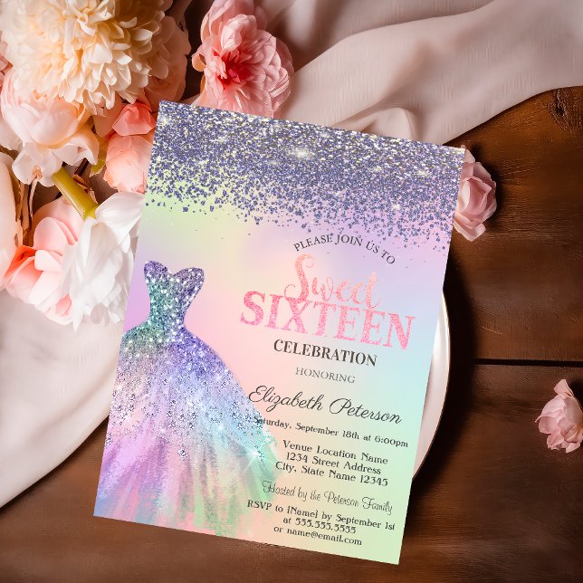 Elegant Diamonds, Dress Holographic Sweet 16 Invitation (Creator Uploaded)