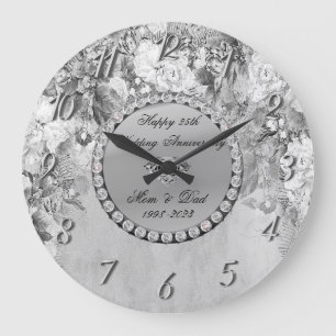 Elegant Diamonds Flowers 25th Wedding Anniversary Large Clock