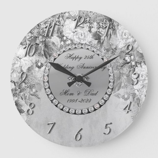 Elegant Diamonds Flowers 25th Wedding Anniversary Large Clock (Front)