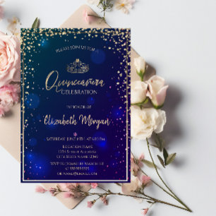 Elegant Diamonds Gold Tiara Quinceañera Invitation
