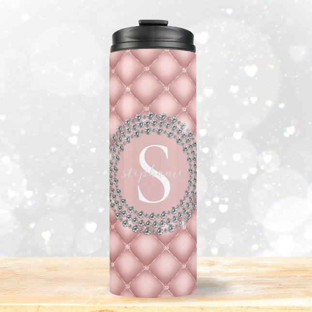 Elegant Diamonds Luxury Blush Pink Monogram  Thermal Tumbler (Mockup View)