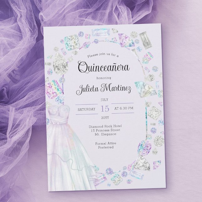 Elegant Diamonds Princess Gown Lilac Quinceanera  Invitation (Light purple quinceanera invitation template with princess ball gown ..)