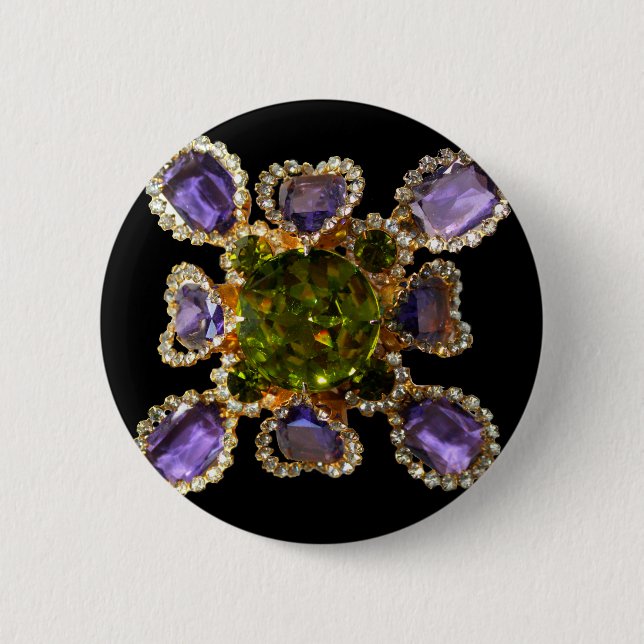 Elegant diamonds purple green gemstones 6 cm round badge (Front)