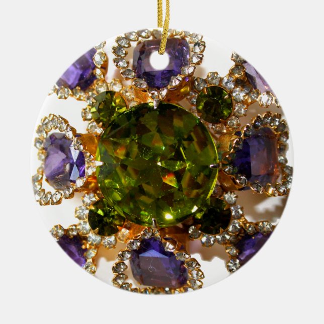 Elegant diamonds purple green gemstones ceramic ornament (Front)
