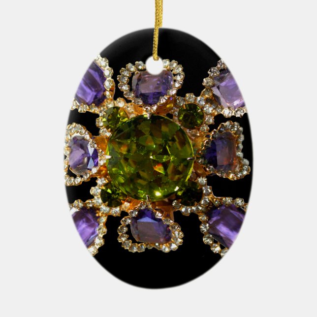 Elegant diamonds purple green gemstones ceramic ornament (Front)