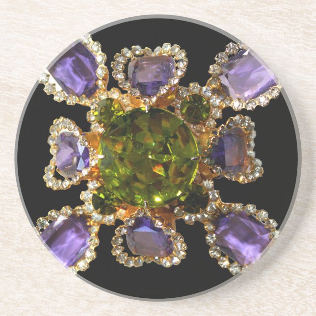 Elegant diamonds purple green gemstones coaster (Front)