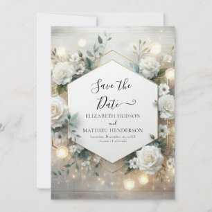 Elegant Digital White Roses Wedding Save The Date
