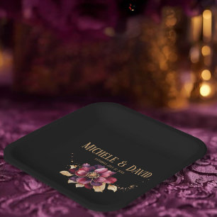 Elegant dining on Black Gold Burgundy Square Paper Plate