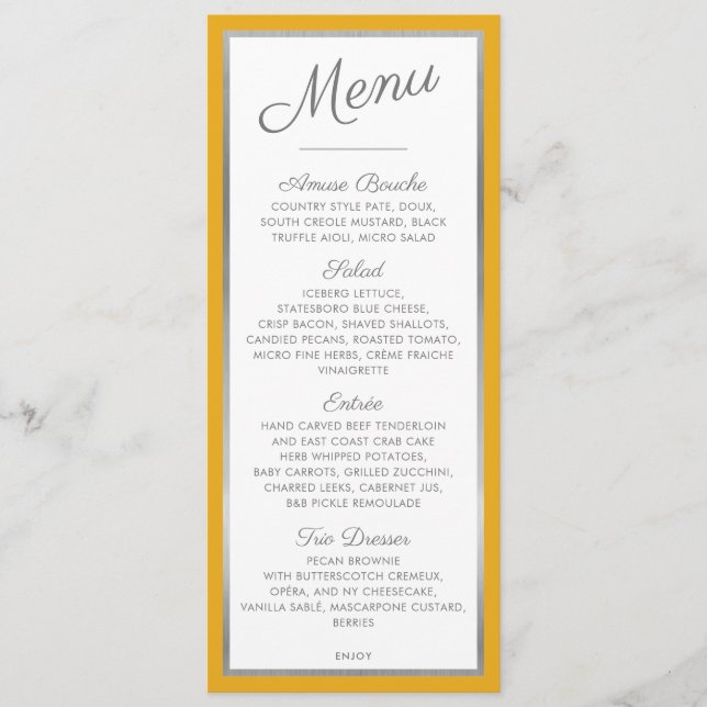 ELEGANT DINNER MENU modern reception mustard grey (Front)