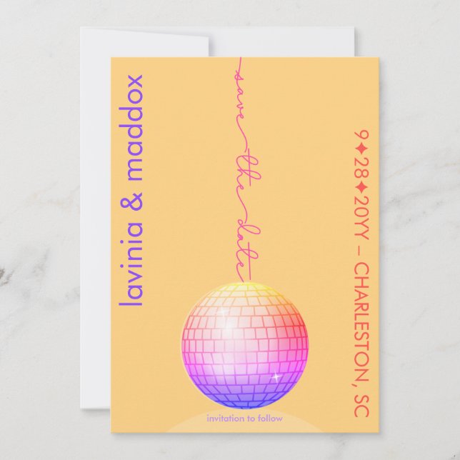 Elegant Disco Ball Orange and Hot Pink Wedding Save The Date (Front)