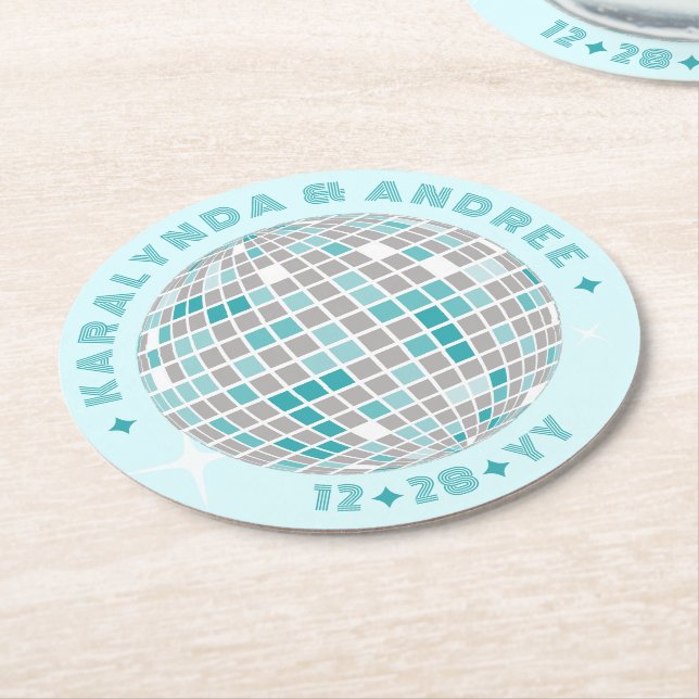 Elegant Disco Ball Teal Blue Round Wedding Paper Coaster (Angled)
