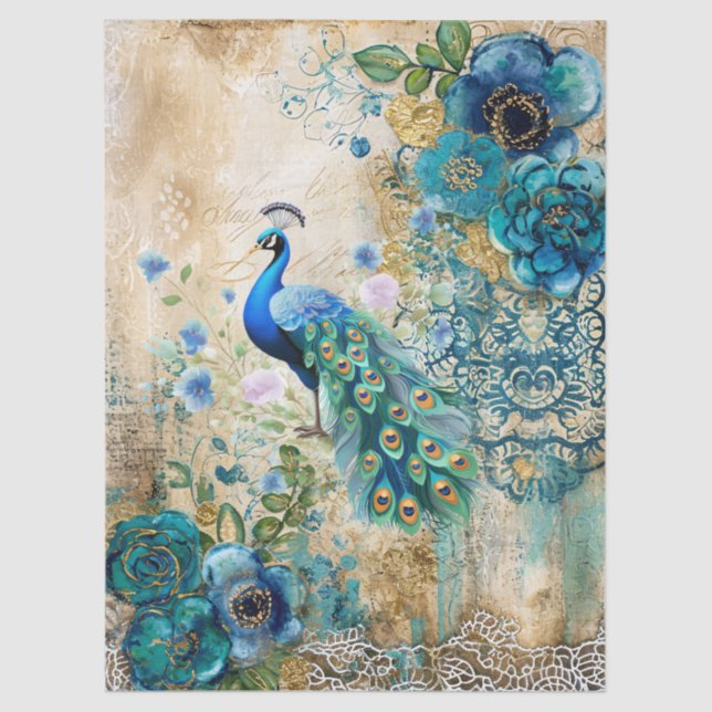 Elegant Distressed Teal Blue Florals & Peacock Tissue Paper (Front)