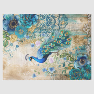 Elegant Distressed Teal Blue Florals & Peacock Tissue Paper