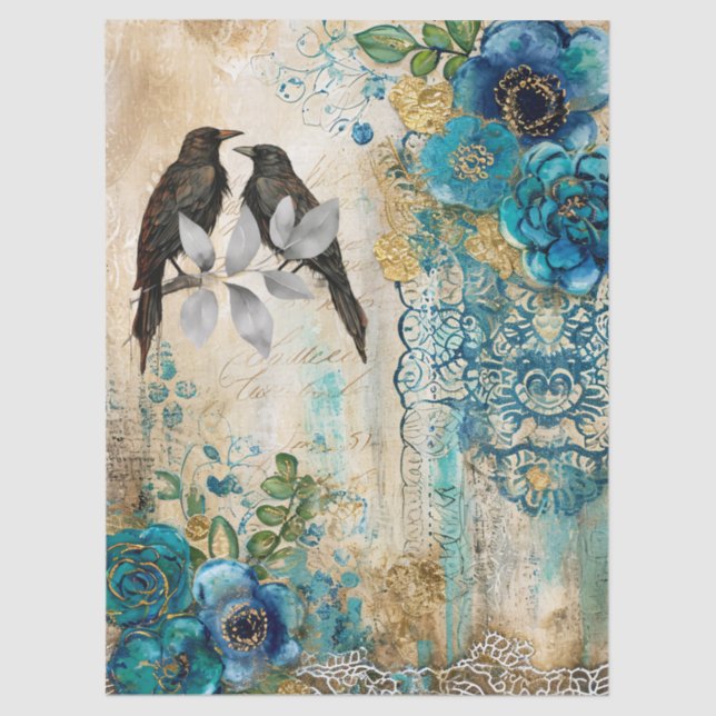 Elegant Distressed Teal Blue Gold Florals & Ravens Tissue Paper (Front)