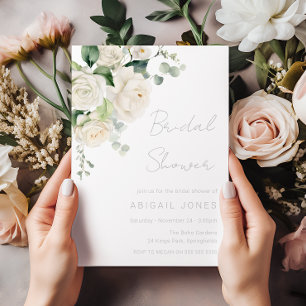 Elegant Divine White Roses & Sage Bridal Shower Invitation