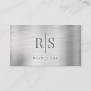 Elegant DIY Grey Monogram & Name, Brushed Silver Business Card