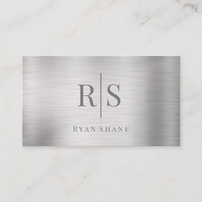 Elegant DIY Grey Monogram & Name, Brushed Silver Business Card (Front)