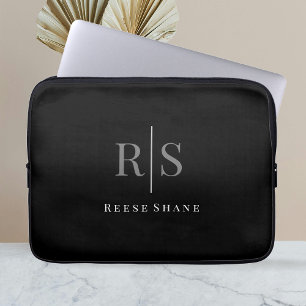 Elegant DIY Grey Monogram & White Name, Black Laptop Sleeve
