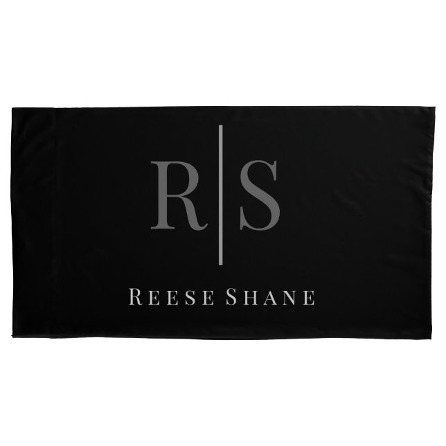 Elegant DIY Grey Monogram & White Name, Black Pillowcase (Front)