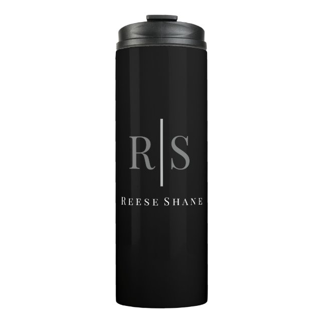 Elegant DIY Grey Monogram & White Name, Black Thermal Tumbler (Front)