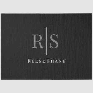 Elegant DIY Grey Monogram & White Name, Black Tissue Paper