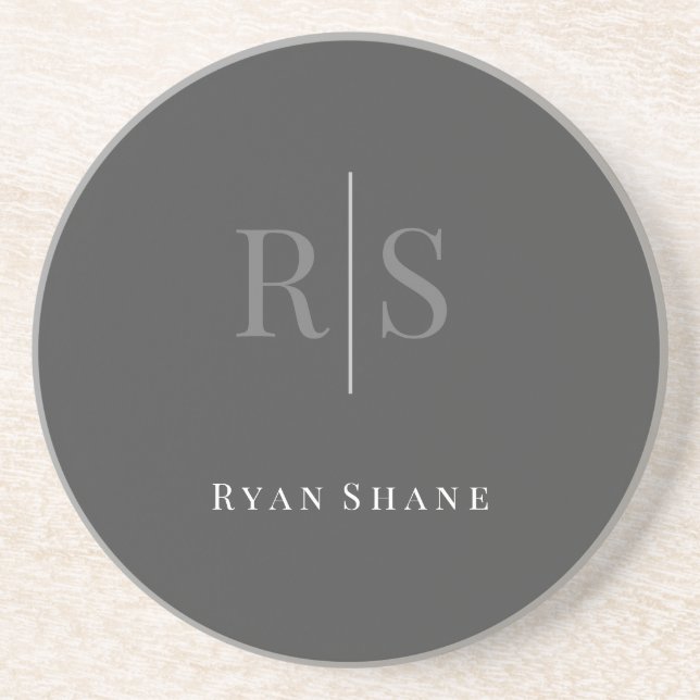 Elegant DIY Grey Monogram & White Name, Dark Grey Coaster (Front)
