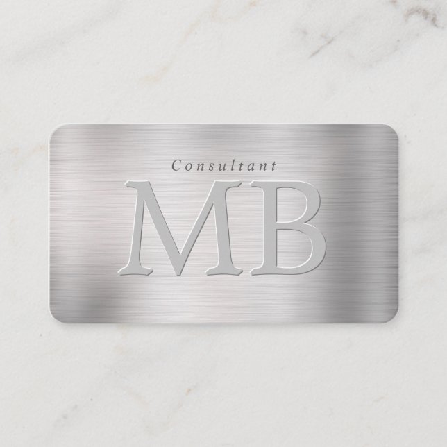 Elegant DIY Monogram, Name, Brushed Steel Business Card (Front)