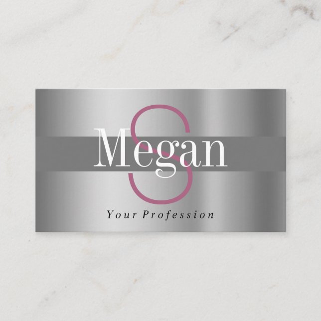 Elegant DIY Monogram Name, Silver Maroon Grey Business Card (Front)