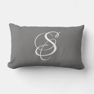 Elegant DIY White Script Monogram & Surname/Grey Lumbar Cushion