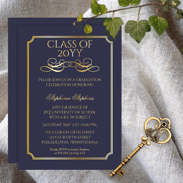 Elegant Dk Blue University Graduation Party Gold (Elegant Dark Blue College | University Graduation Announcement and Party Gold Foil Invitation)