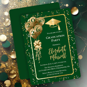Elegant Dk Green Gold Balloons Graduation Party Invitation