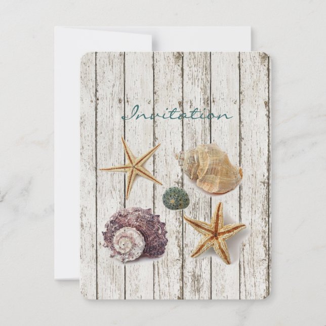 elegant dock wood seashells beach wedding invitation (Front)