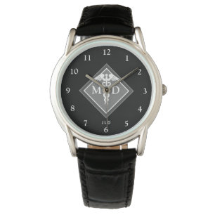 Elegant Doctor MD Caduceus Black Grey Monogram Watch