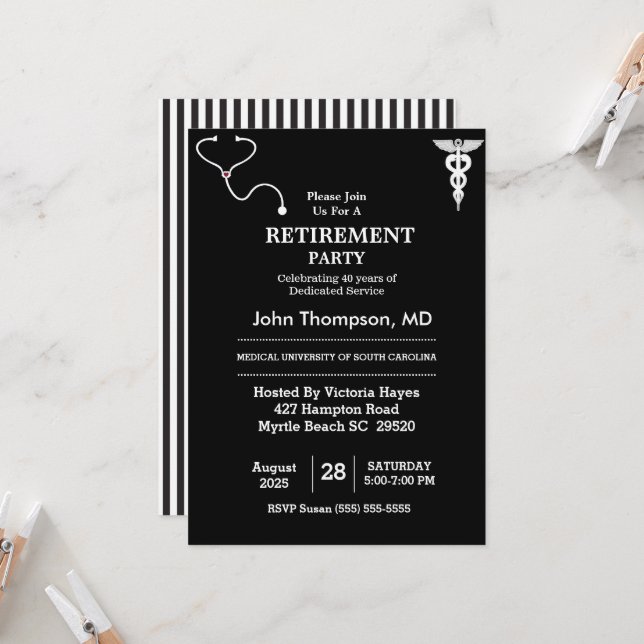 Elegant Doctor Retirement Party Black and White In Invitation (Front/Back In Situ)