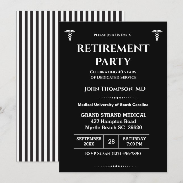 Elegant Doctor Retirement Party Black and White Invitation (Front/Back)
