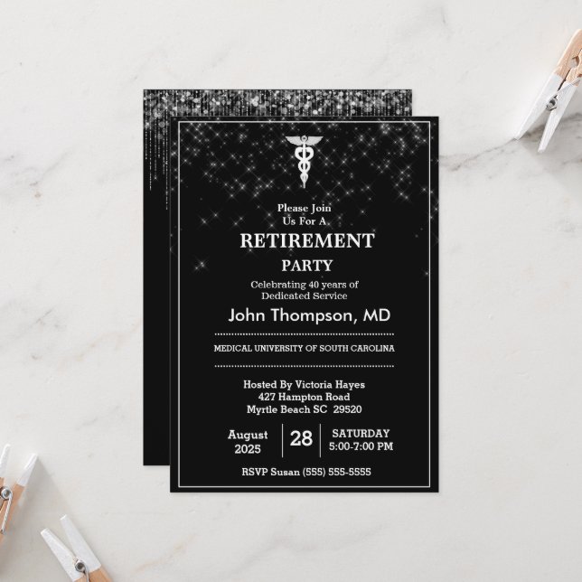 Elegant Doctor Retirement Party String Lights   Invitation (Front/Back In Situ)