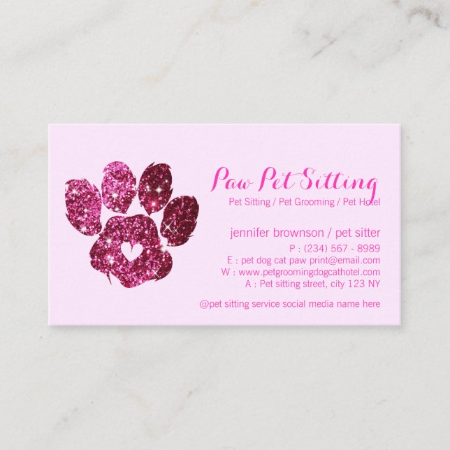 Elegant Dog Cat Grooming Glitter Pet Sitter Paw Business Card (Front)