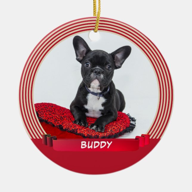 Elegant Dog Puppy Pet Photo Red Ribbon Ceramic Ornament (Front)