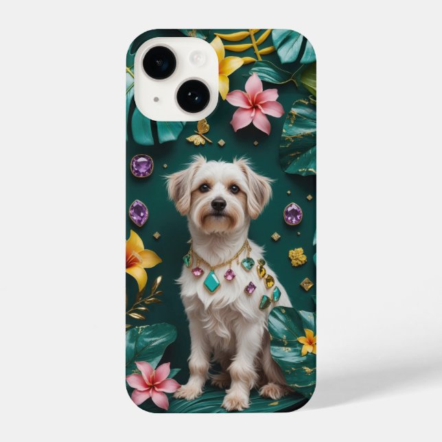 Elegant Dog with Tropical Flowers and Gemstone iPhone Case (Back)