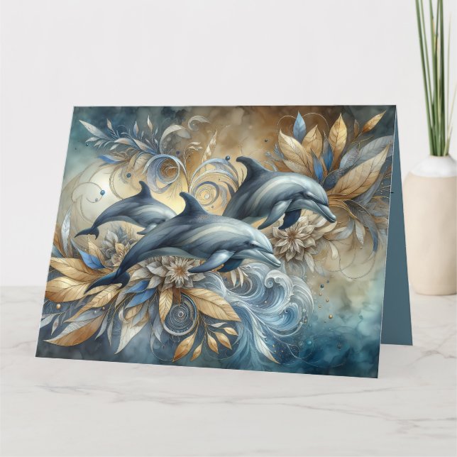 Elegant Dolphins with Golden Floral Waves Card (Front)